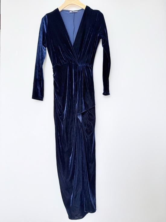 Zara Navy Velvet Wrap Midi Dress Ruched Slit Elegant Evening Size S - Picture 2 of 16